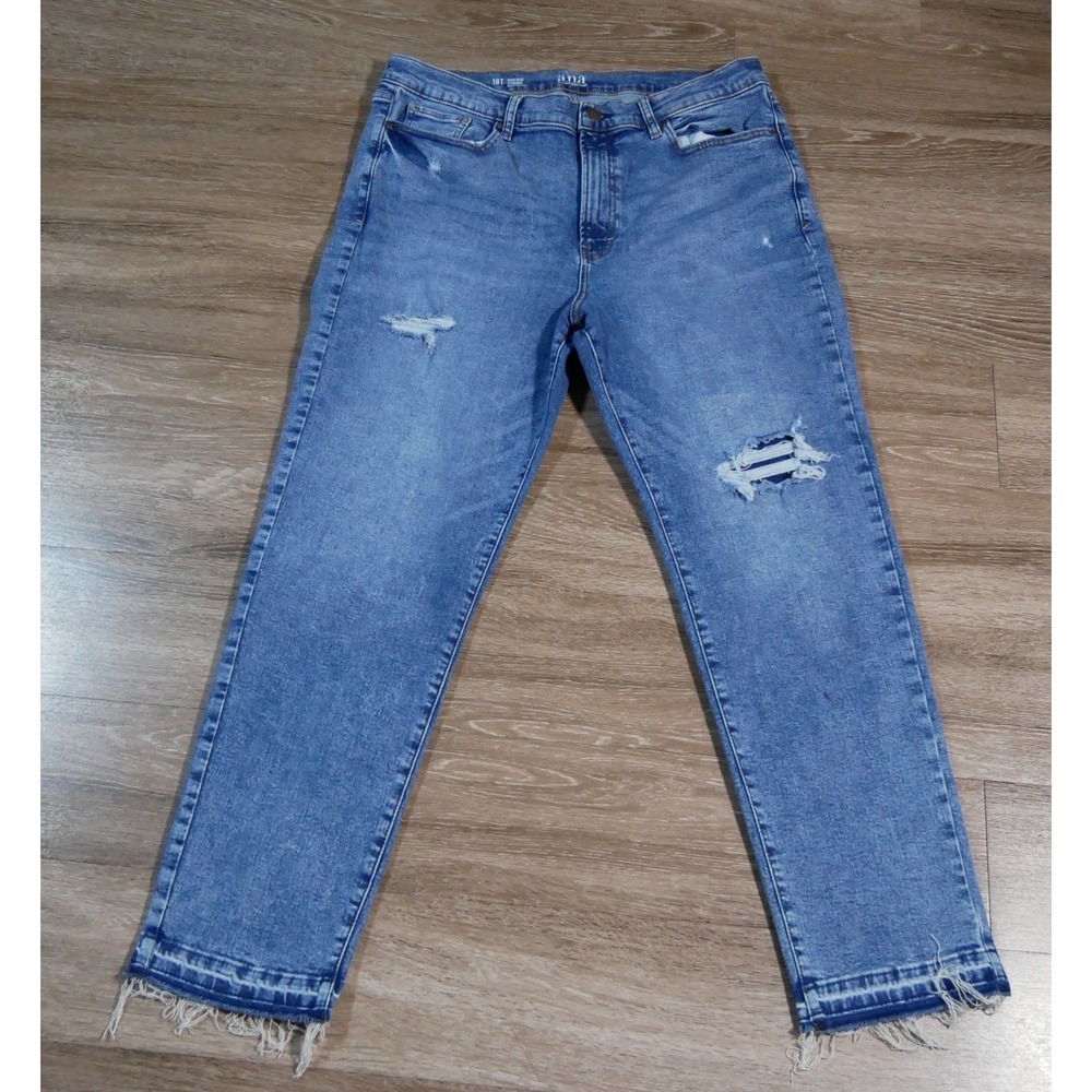 ANA New Approach High Rise Straight Jeans 18T Blue Distressed Raw Hem Med‎ Wash